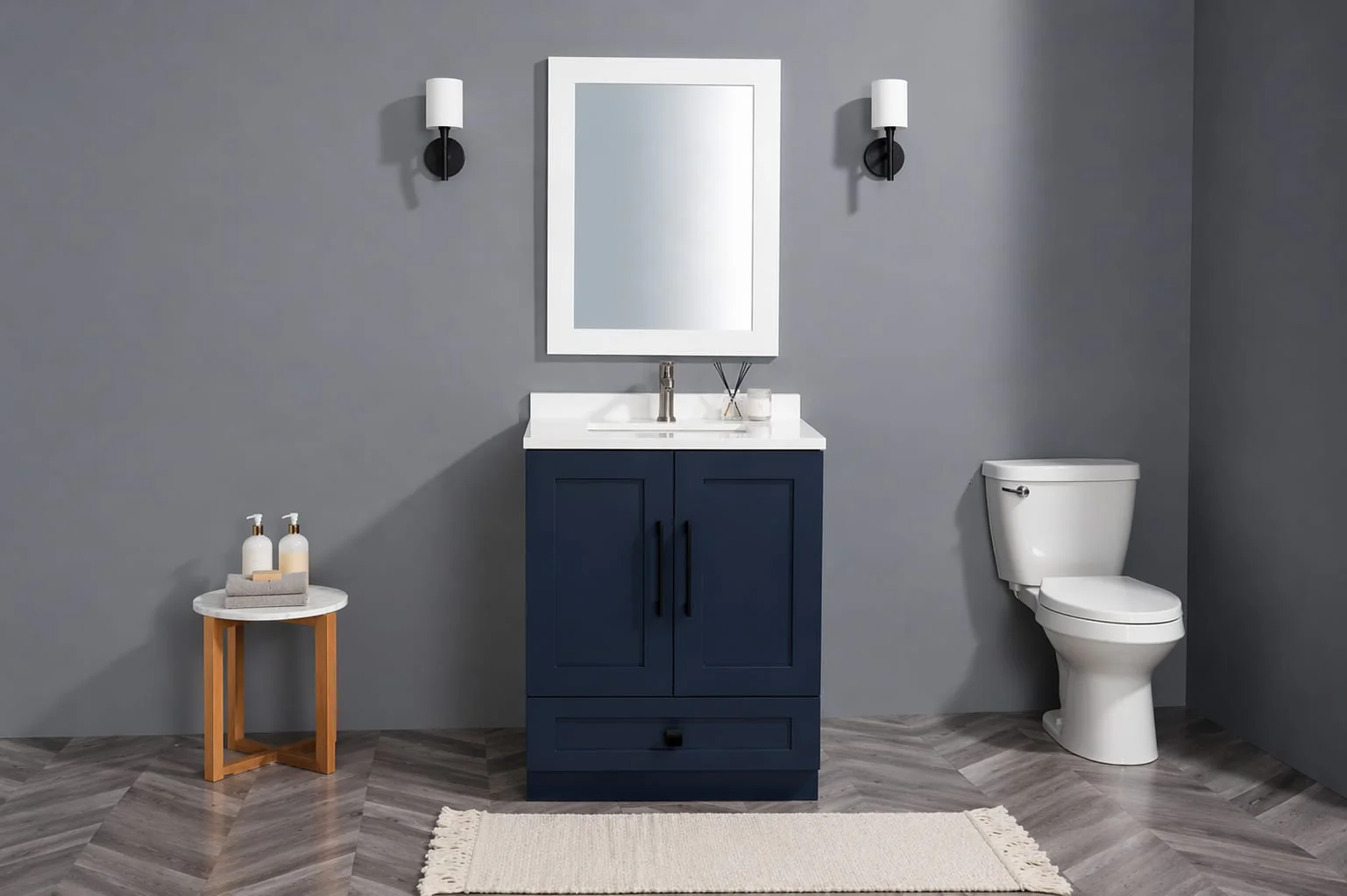 36″ Solid Wood Blue Shaker Style Vanity With Quartz Top - Image 9