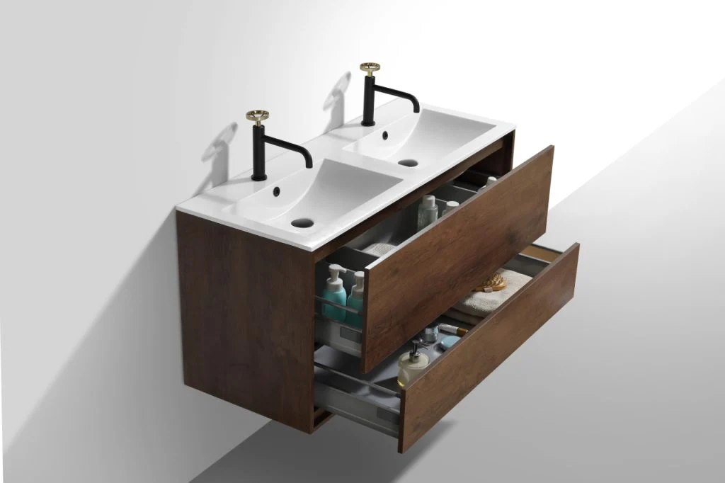 De Lusso 48″ Inch Double Sink Rose Wood Wall Mount Modern Bathroom Vanity - Image 5