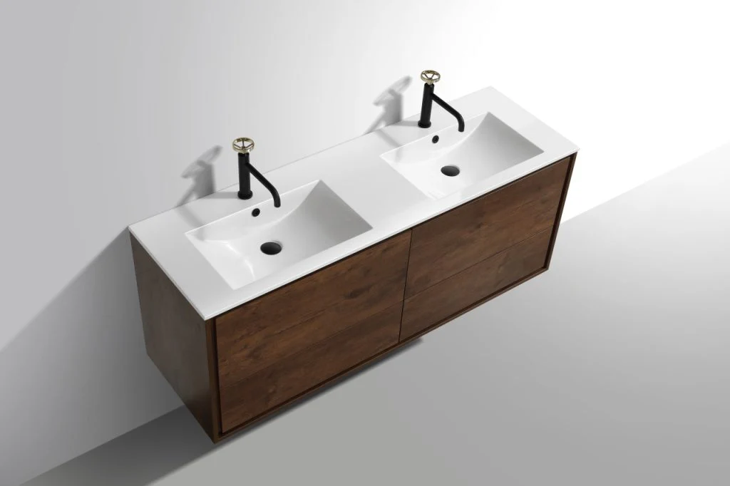De Lusso 60″ Inch Double Sink Rose Wood Wall Mount Modern Bathroom Vanity - Image 4