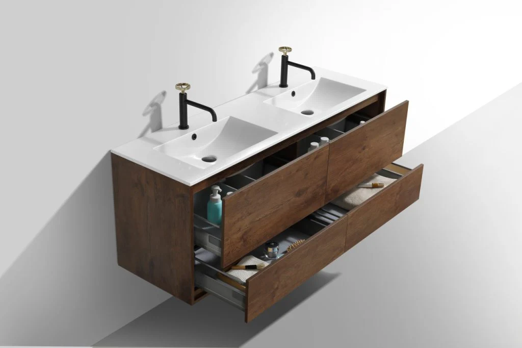 De Lusso 60″ Inch Double Sink Rose Wood Wall Mount Modern Bathroom Vanity - Image 5