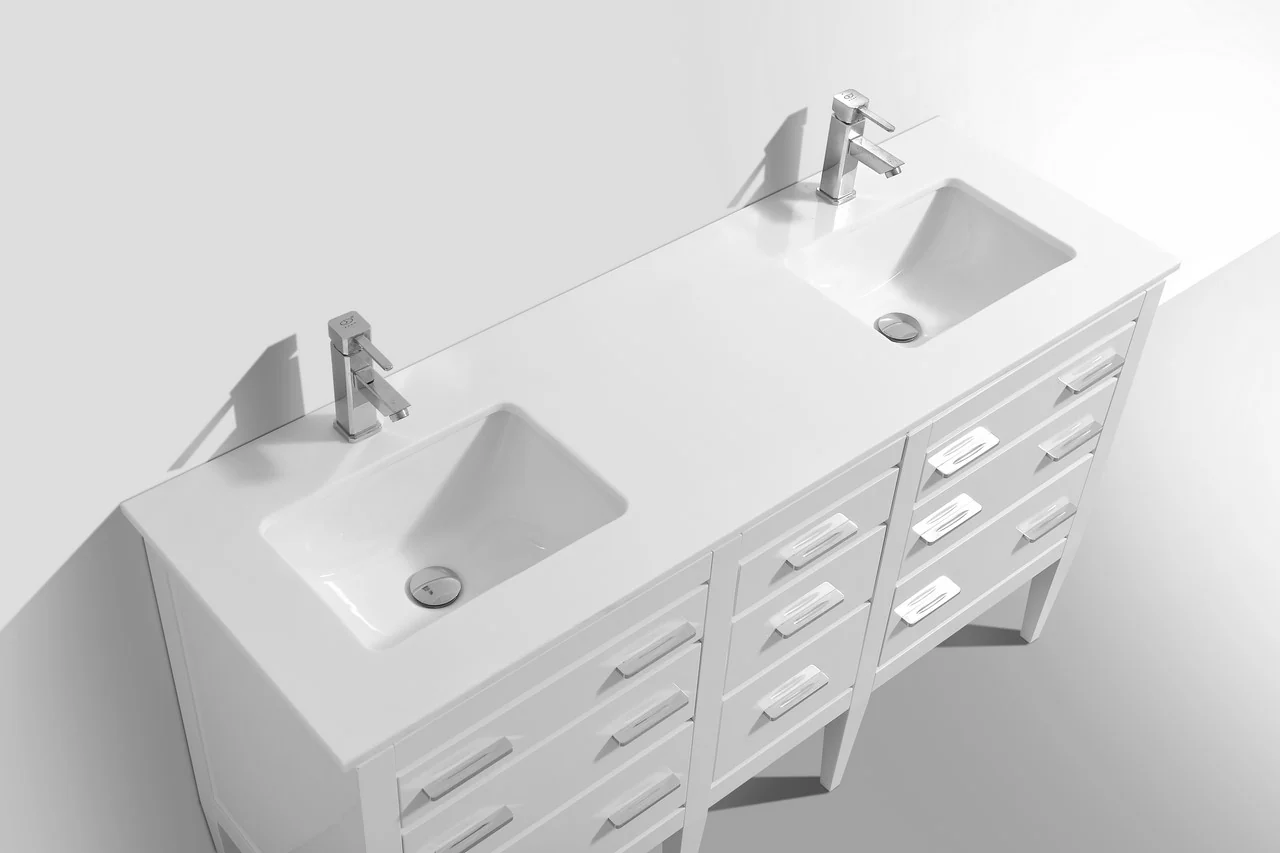 Eiffel 60″ Inch Double Sink High Gloss White Vanity W/ White Counter Top - Image 3