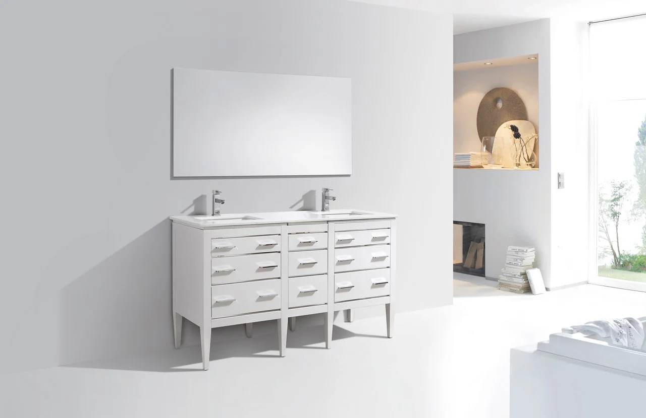 Eiffel 60″ Inch Double Sink High Gloss White Vanity W/ White Counter Top - Image 4