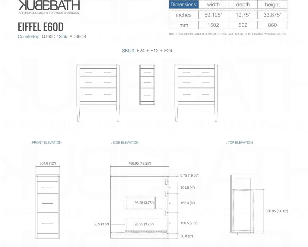 Eiffel 60″ Inch Double Sink High Gloss White Vanity W/ White Counter Top - Image 6