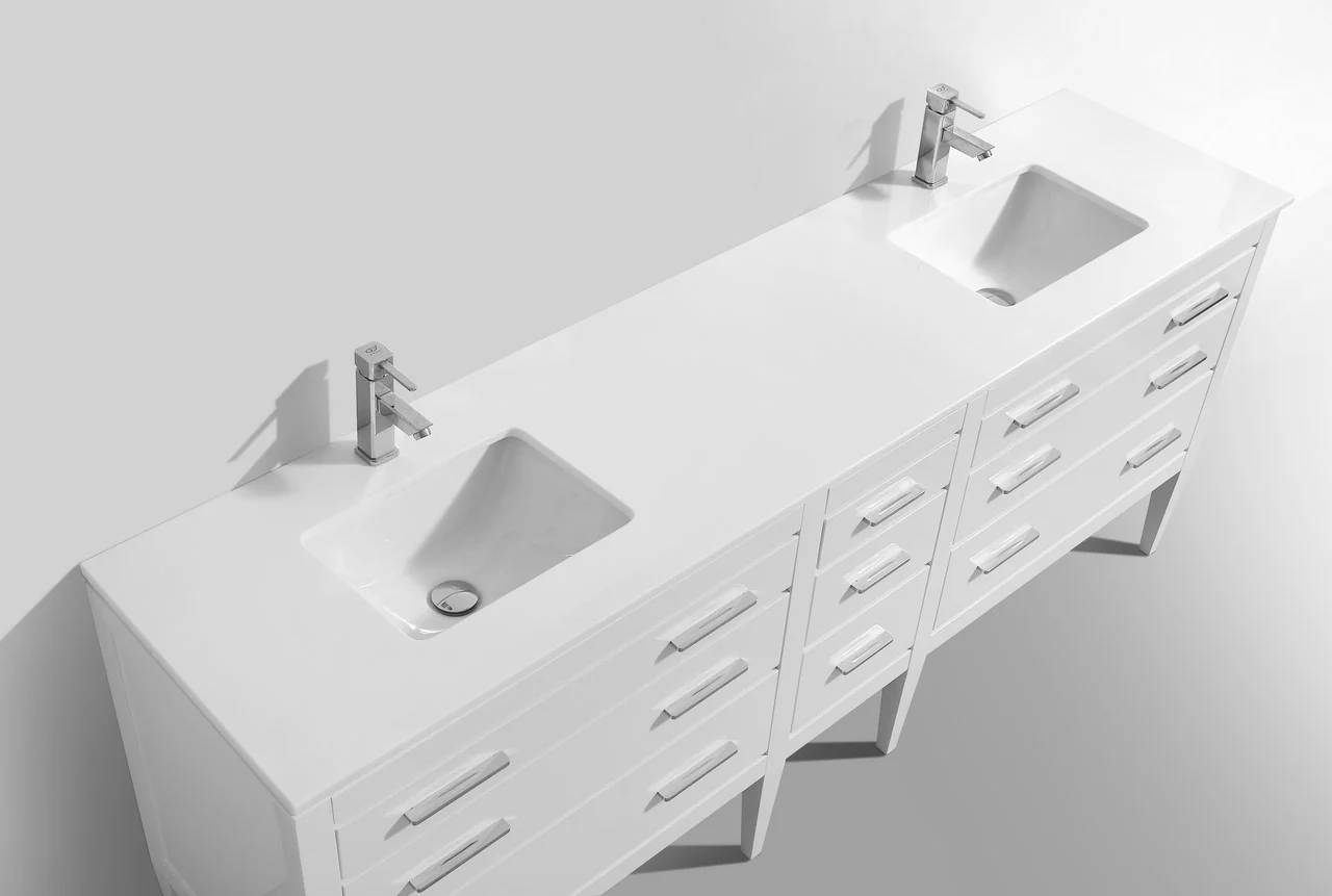 Eiffel 82″ Inch Double Sink High Gloss White Vanity W/ White Counter Top - Image 3