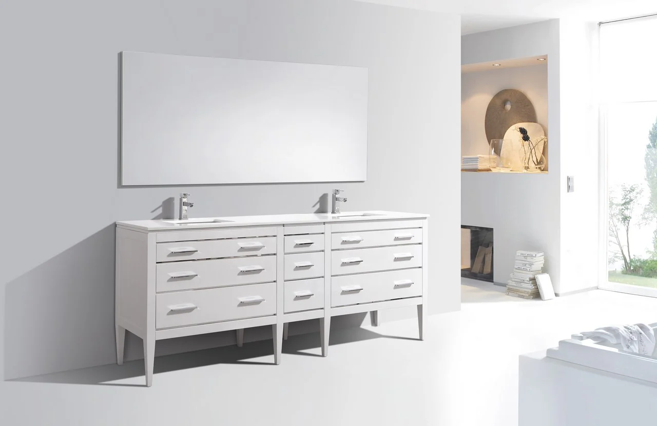 Eiffel 82″ Inch Double Sink High Gloss White Vanity W/ White Counter Top - Image 5