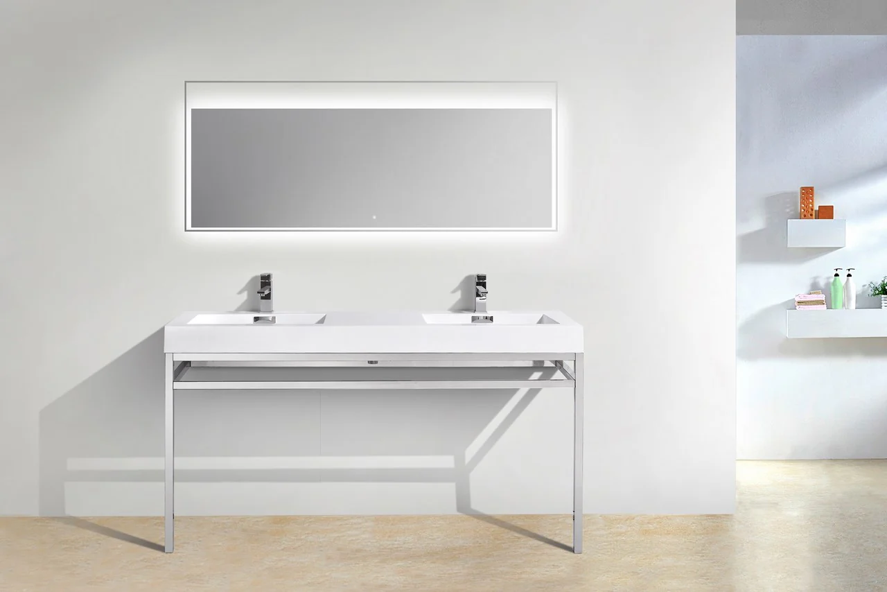 Haus 60″ Inch Double Sink Stainless Steel Console W/ White Acrylic Sink – Chrome - Image 4