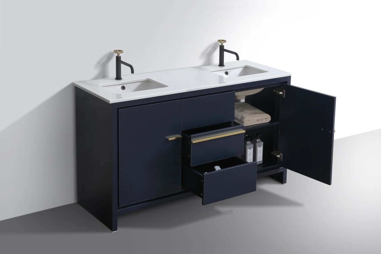 Kubebath Dolce 60″ Inch Double Sink Navy Blue Modern Bathroom Vanity With Quartz Countertop - Image 5
