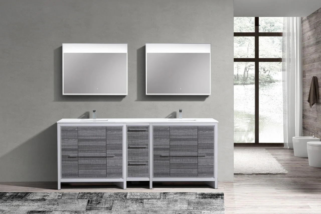 Kubebath Dolce 84″ Inch Double Sink Gloss Ash Gray Modern Bathroom Vanity With Quartz Countertop - Image 2