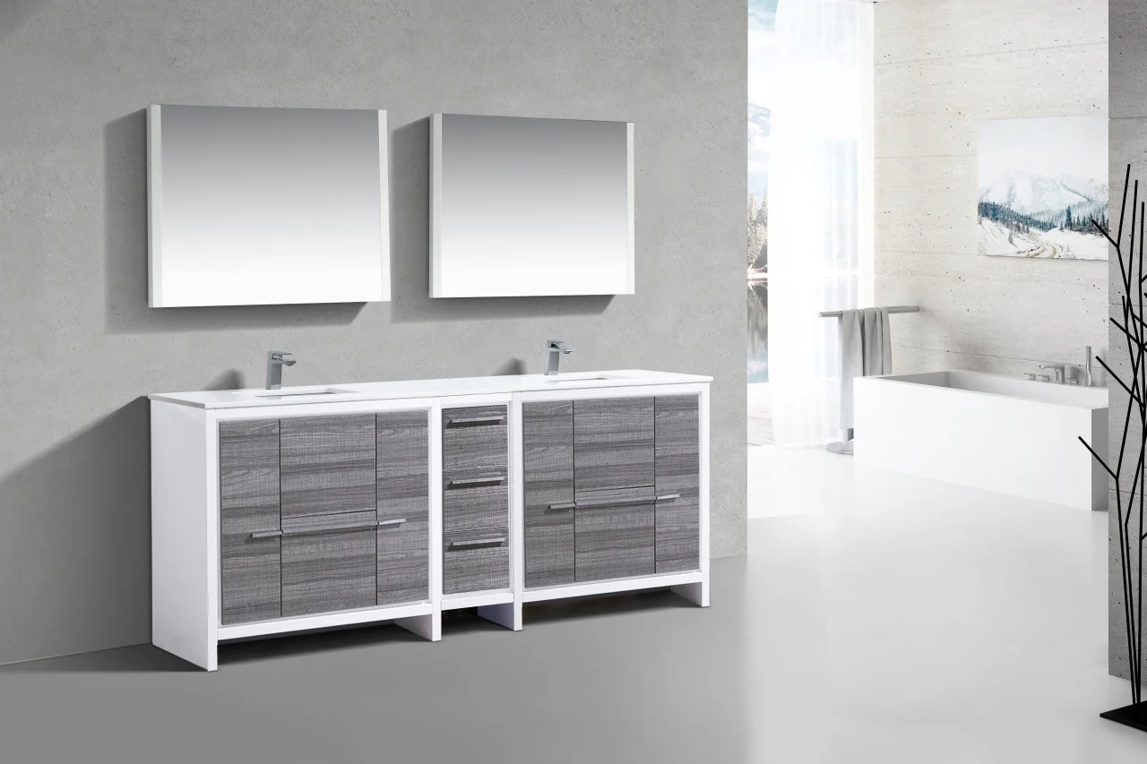 Kubebath Dolce 84″ Inch Double Sink Gloss Ash Gray Modern Bathroom Vanity With Quartz Countertop - Image 3