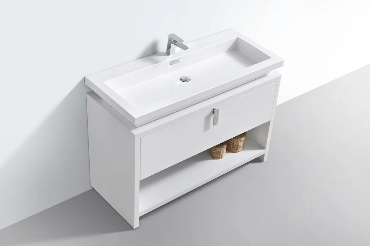 Levi 48″ Inch High Gloss White Modern Bathroom Vanity W/ Cubby Hole - Image 2