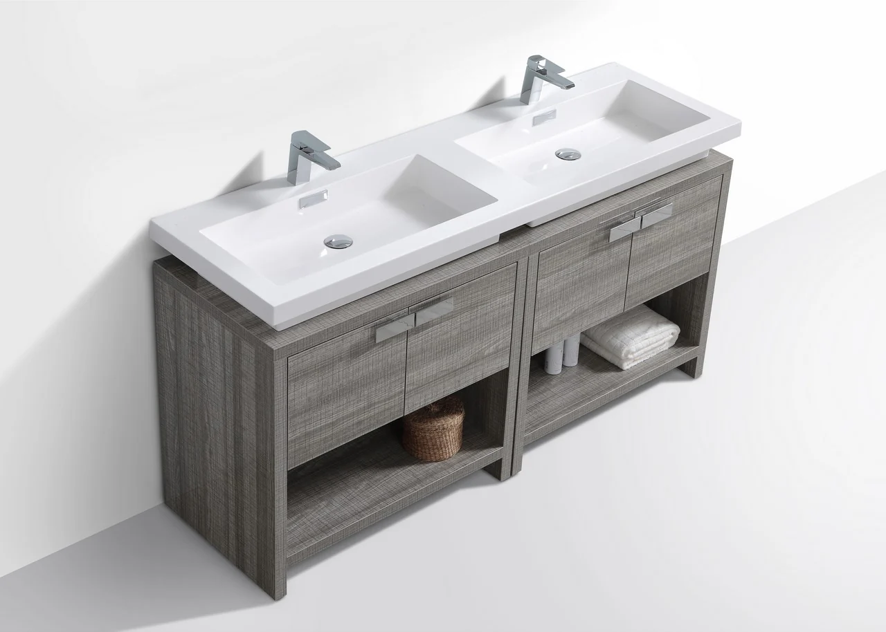 Levi 63″ Inch Ash Gray Double Sink Modern Bathroom Vanity W/ Cubby Hole - Image 4