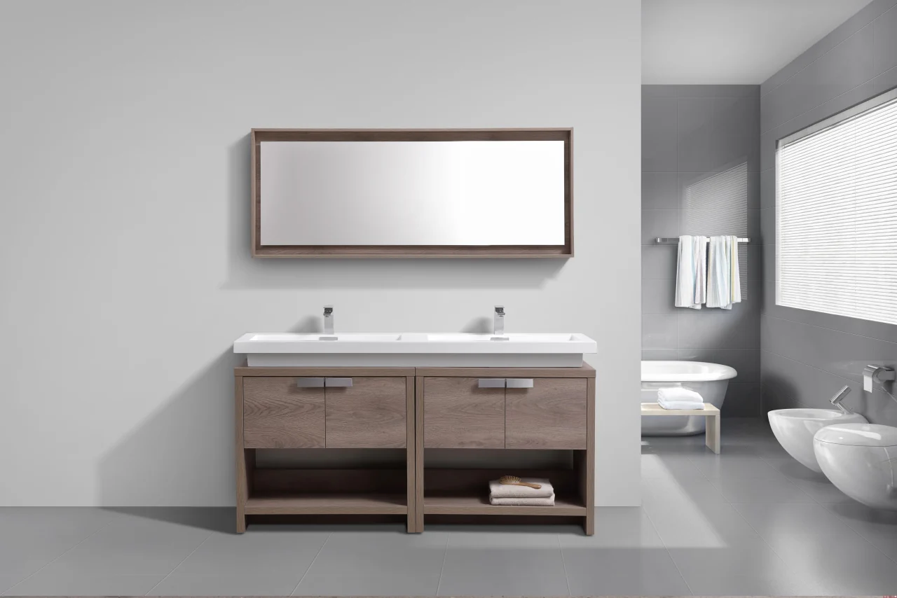 Levi 63″ Inch Butternut Double Sink Modern Bathroom Vanity W/ Cubby Hole - Image 2