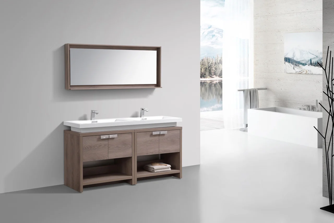 Levi 63″ Inch Butternut Double Sink Modern Bathroom Vanity W/ Cubby Hole - Image 4