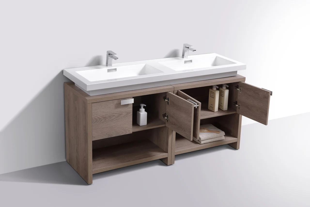 Levi 63″ Inch Butternut Double Sink Modern Bathroom Vanity W/ Cubby Hole - Image 5