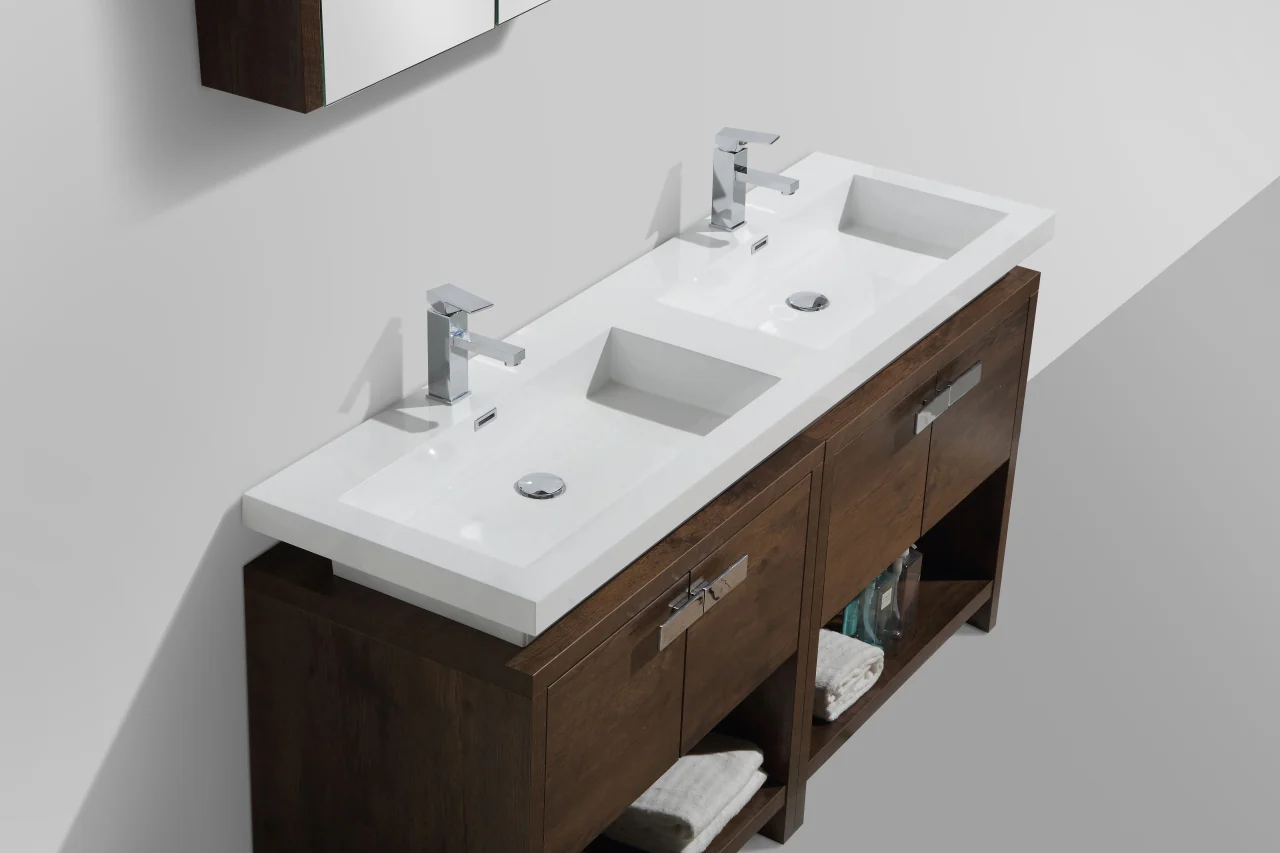 Levi 63″ Inch Rose Wood Modern Bathroom Vanity W/ Cubby Hole - Image 3