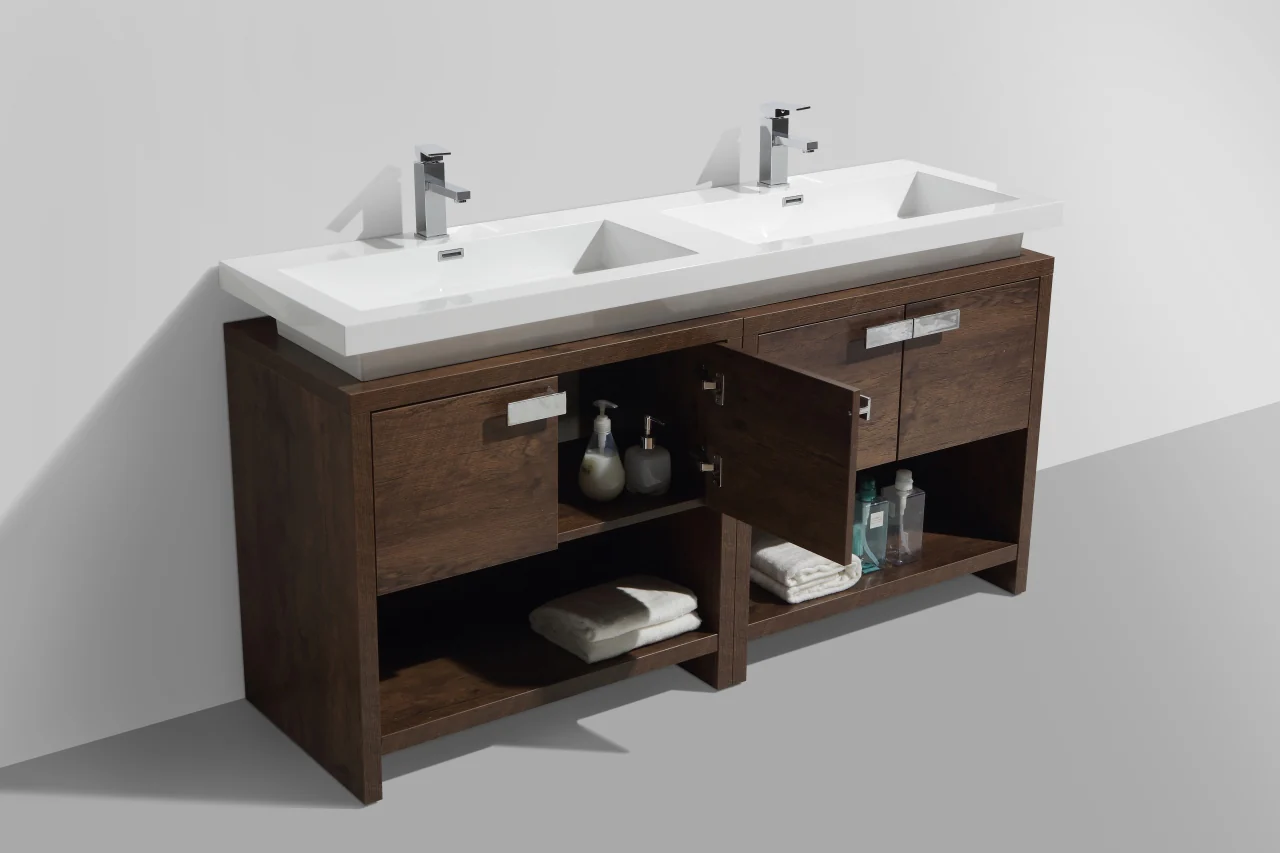 Levi 63″ Inch Rose Wood Modern Bathroom Vanity W/ Cubby Hole - Image 4