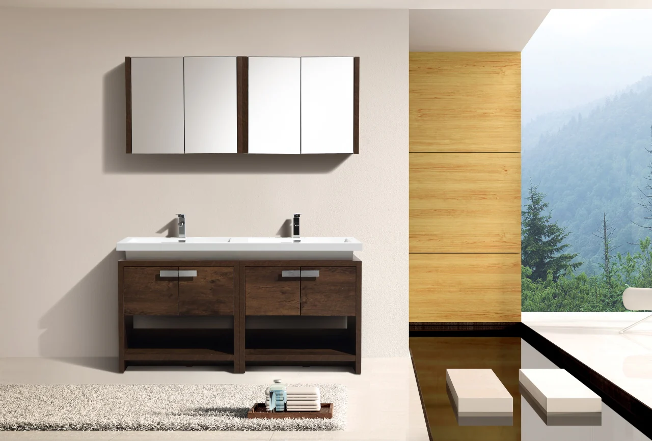 Levi 63″ Inch Rose Wood Modern Bathroom Vanity W/ Cubby Hole - Image 6