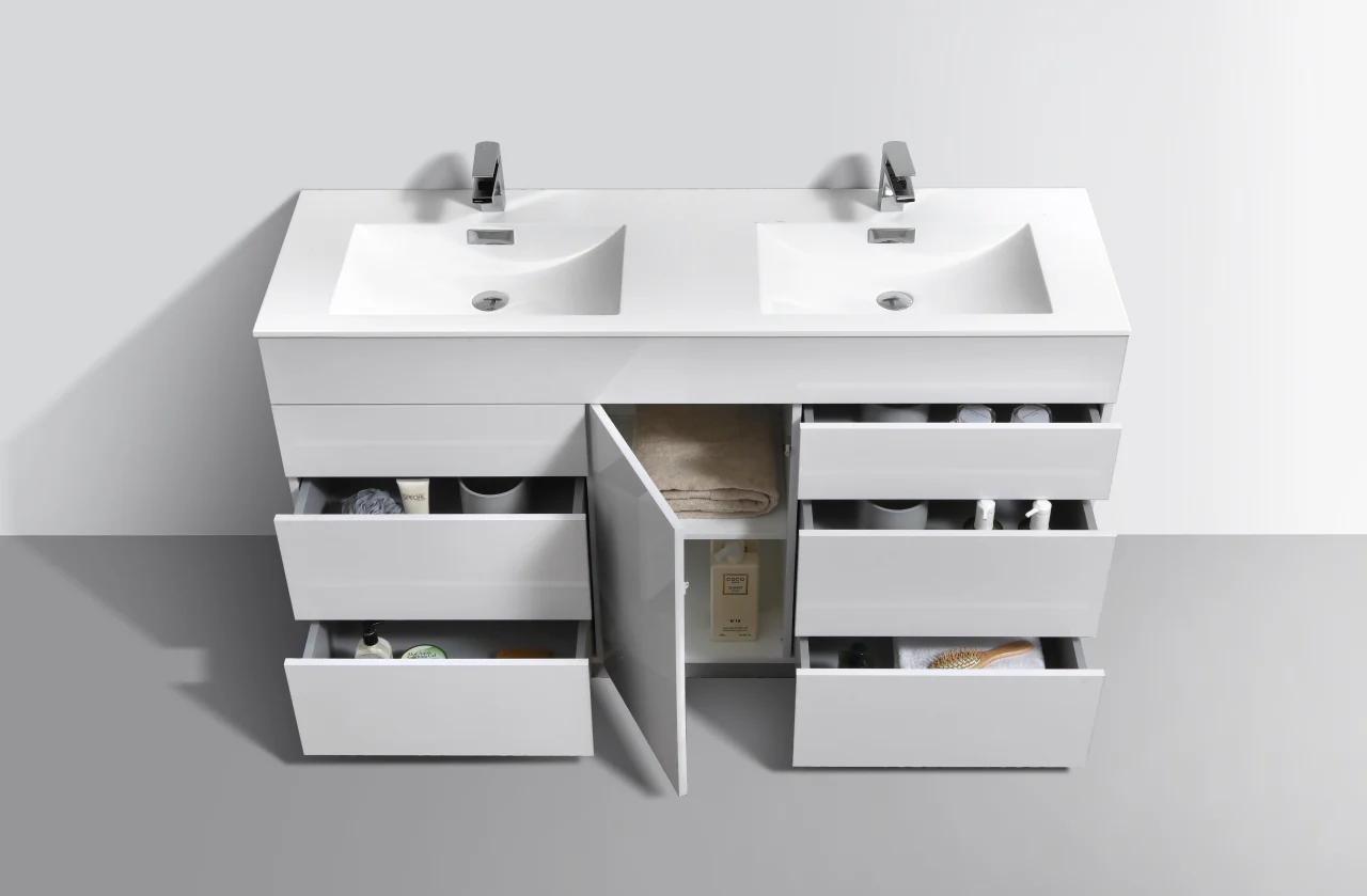 Milano 60″ Inch Double Sink High Gloss White Floor Mount Modern Bathroom Vanity - Image 9
