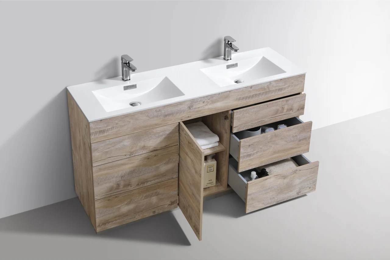 Milano 60″ Inch Double Sink Nature Wood Floor Mount Modern Bathroom Vanity - Image 7
